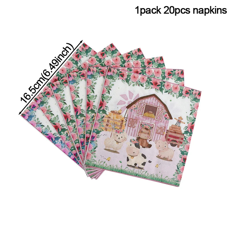 Pink Farm Animals Birthday Decor Disposable Tableware Set Paper Banner Floral Plates Baby Shower Girl Birthday Party Decorations