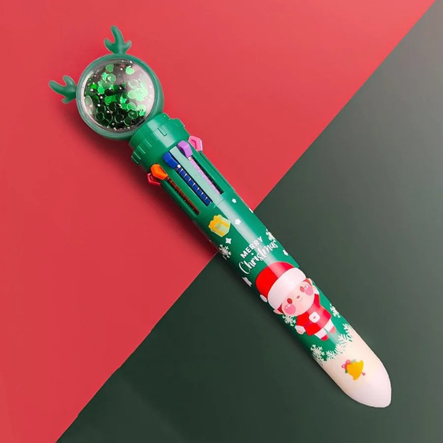 1PC Christmas 10-color Ballpoint Pen Student Press-type Color Pen Santa Claus Presses The Ballpoint Pen 0.5mm School Stationery