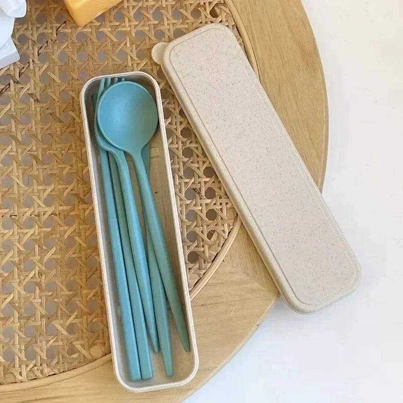 4 Pcs/Set Cutlery Wheat Straw Spoon Fork Chopsticks Box Tableware Portable Dinnerware Accessories Household Fashion Tableware