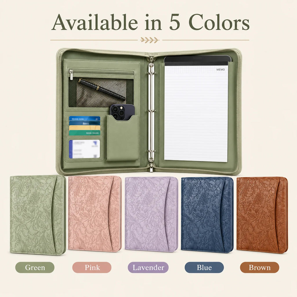 A4 Zippered Portfolio Organizer with 3-Ring Binder, Tablet Sleeve, Card Slots, Phone Pocket and Memo Pad