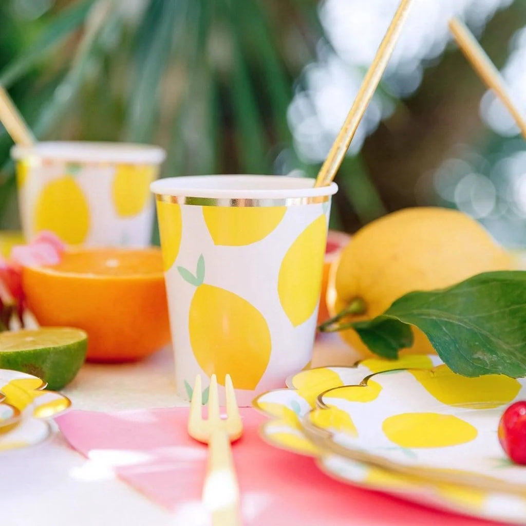 Lemon Disposable Tableware Paper Cups Plates Cake Toppers for Summer Lemon Happy Birthday Pool Party Decoration DIY Cake Supply