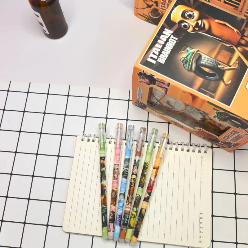 12pcs Tung Tung Sahur Italian Brainrot Wooden Stick Gel Pen Cartoon Signature Pen Individually Packaged Student Stationery Gift