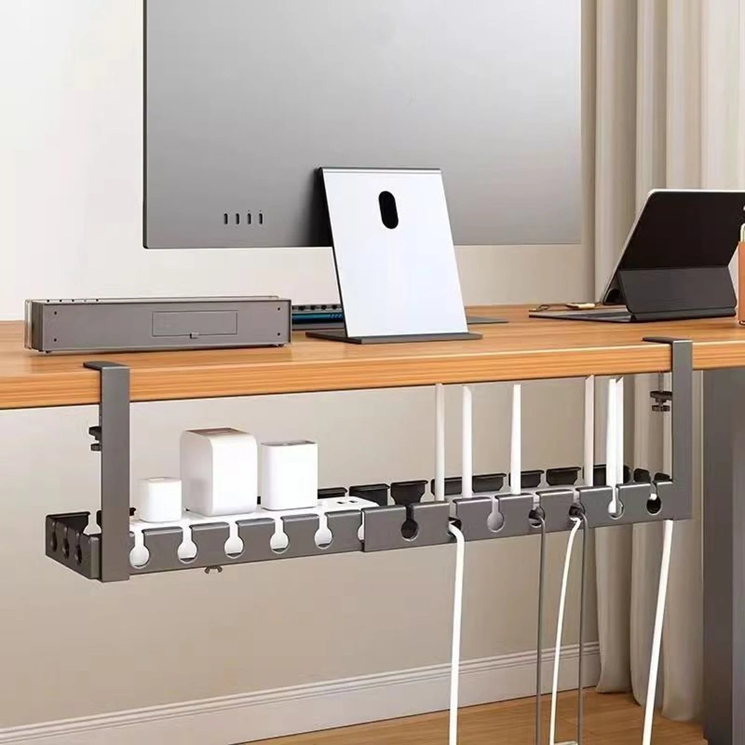 Under Desk Cable Management Tray No Drill Iron Power Strip Holder Wire Cord Organizer Clamp Mount for Home Office Desk