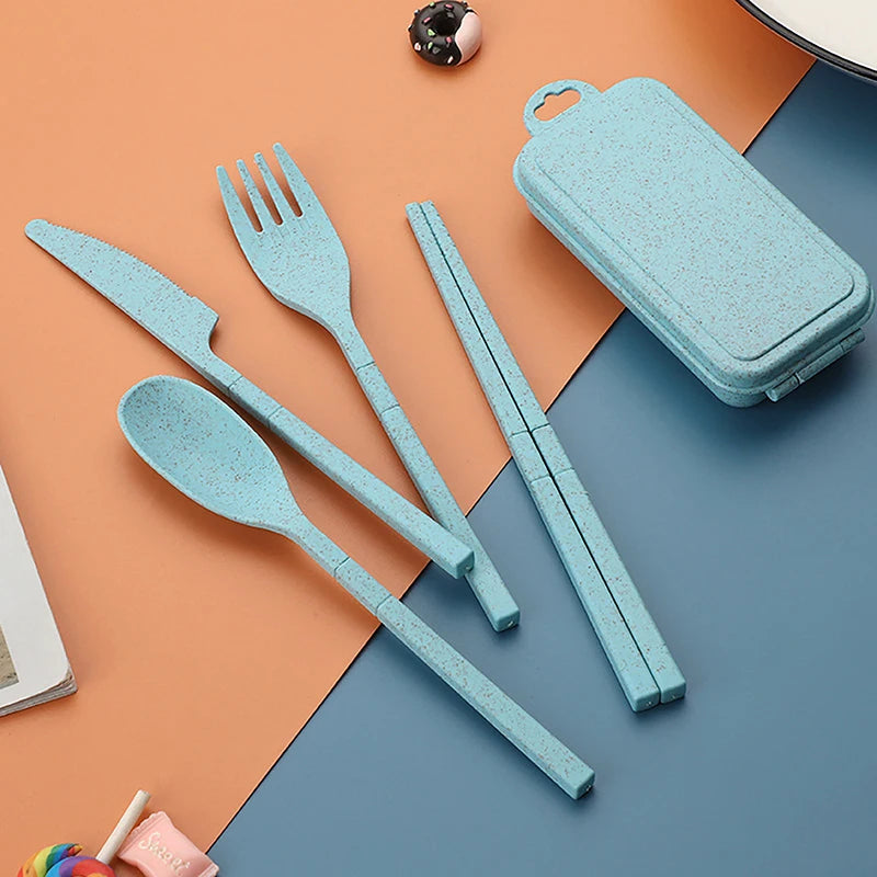 Portable Wheat Straw Fork Cutlery Set Foldable Folding Chopsticks Cutlery Set With Box Travel Kitchen Accessories