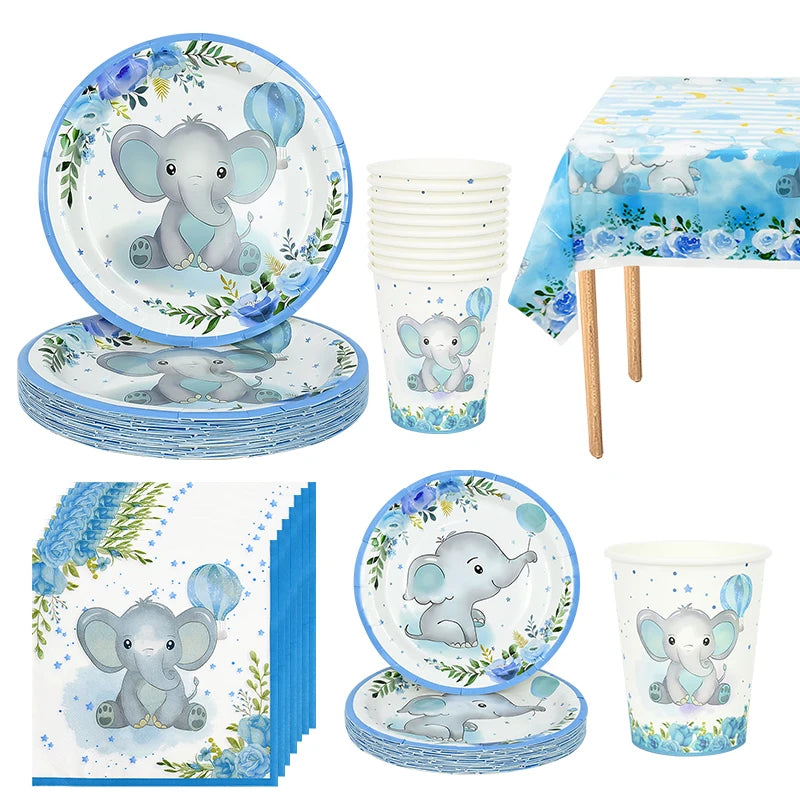 Cartoon Baby Elephant Disposable Tableware Set Paper Plate Cup Napkin Kids Boys Birthday Party Decoration Baby Shower Supplies