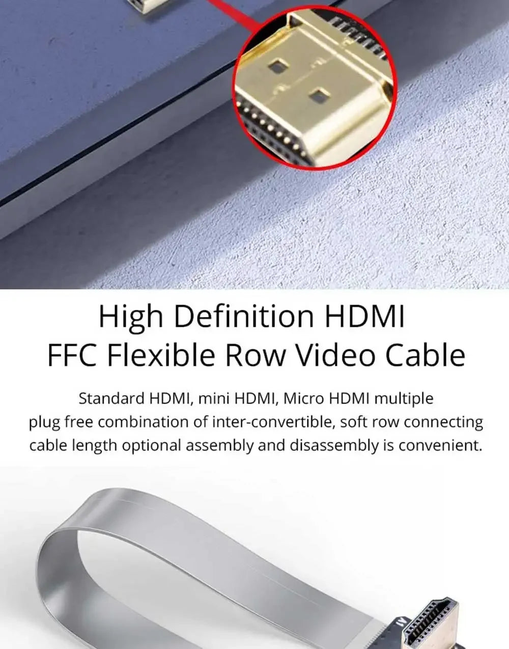 Ribbon FPV HDMI-Compatible Connector Flexible Flat Cable Raspberry Pi 4 Micro HDMI to HDMI/Mini HDMI Female 90 Degree FFC 20pin