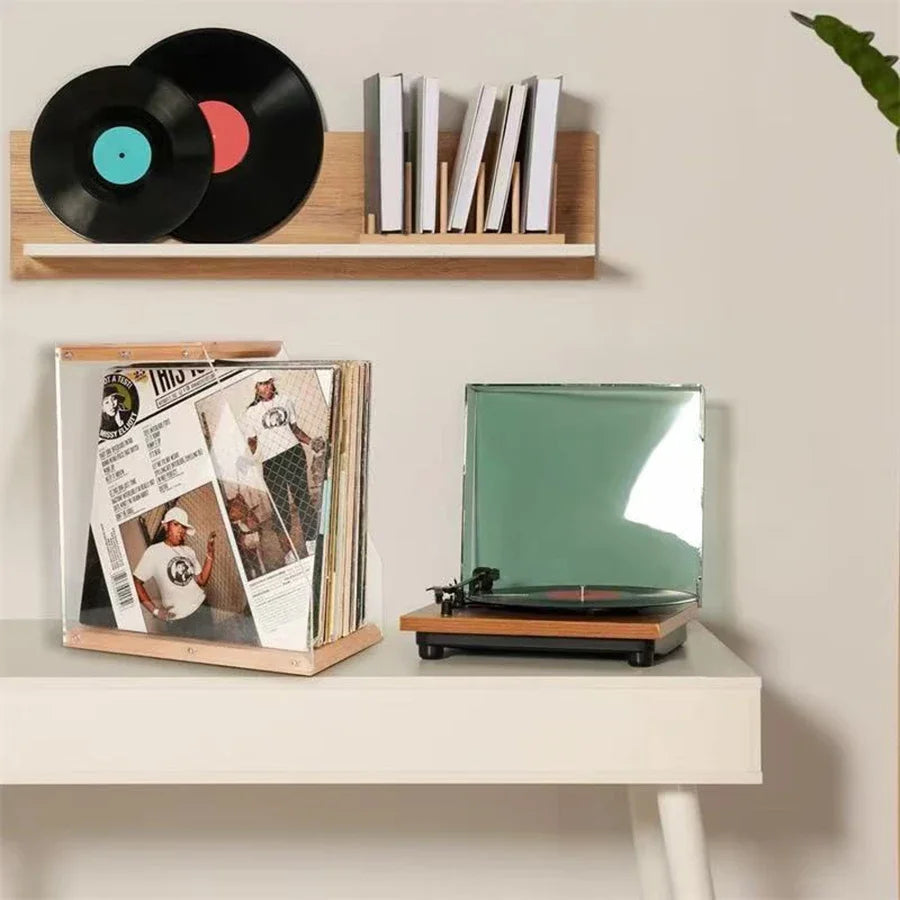Solid Wood Record Rack Desktop Decoration Transparent Vinyl Record Display Stand Tape and Book Storage Box Solid Wood Storage Sh