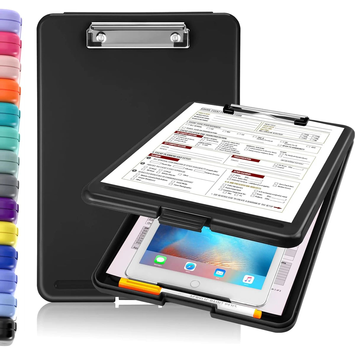 Clipboard with Storage (Multiple Colors Available) with Low Profile Clip, 9.5 x 13 Inch Sturdy Portable Writing Board, Foldable
