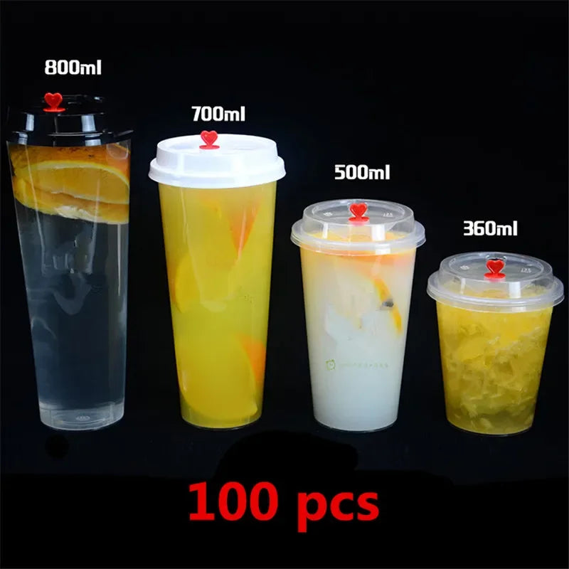 100PCS Plastic Cups With Dome Lids for Iced Cold Drink Coffee Tea Smoothies Sodas Water Party Disposable Tableware dessert cups