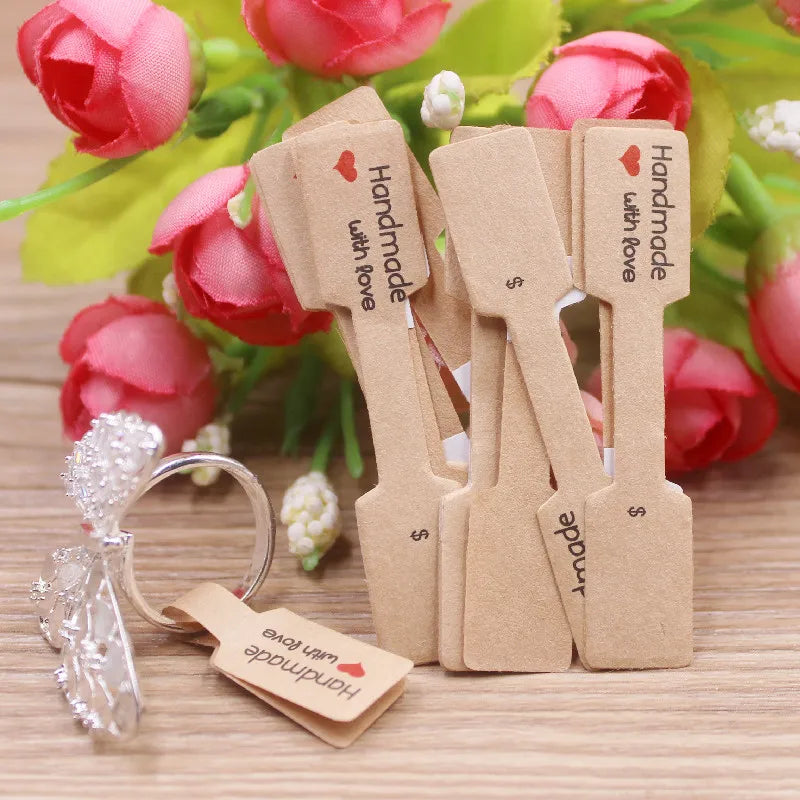 100PCS Multi Style Ring Folded Labels White/Kraft Handmade with Love Ring Price Labels Jewelry Tag Sticker Labels 6*1.2cm