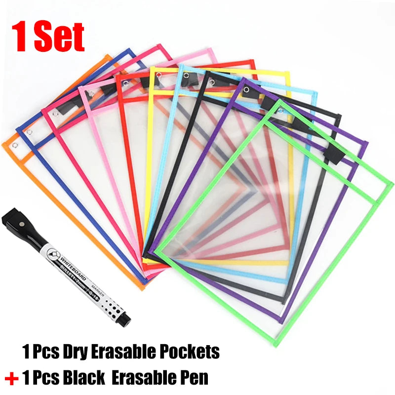 Reusable File Dry Erasable Pockets with Erasable Pen Kids Transparent  Pocket A4 Letter Hanging PET File for Teaching Supplies