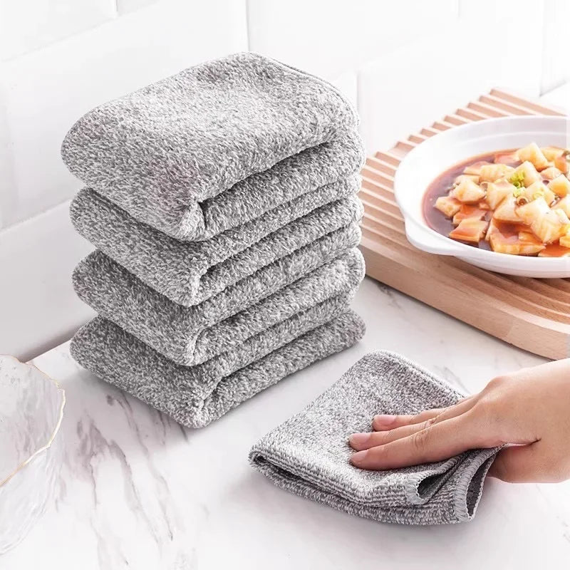 1/100PCS Gray Bamboo Charcoal Thickened Super Absorbent Dishcloth Anti-grease Kitchen Wiping Rags Microfiber Cleaning Cloths