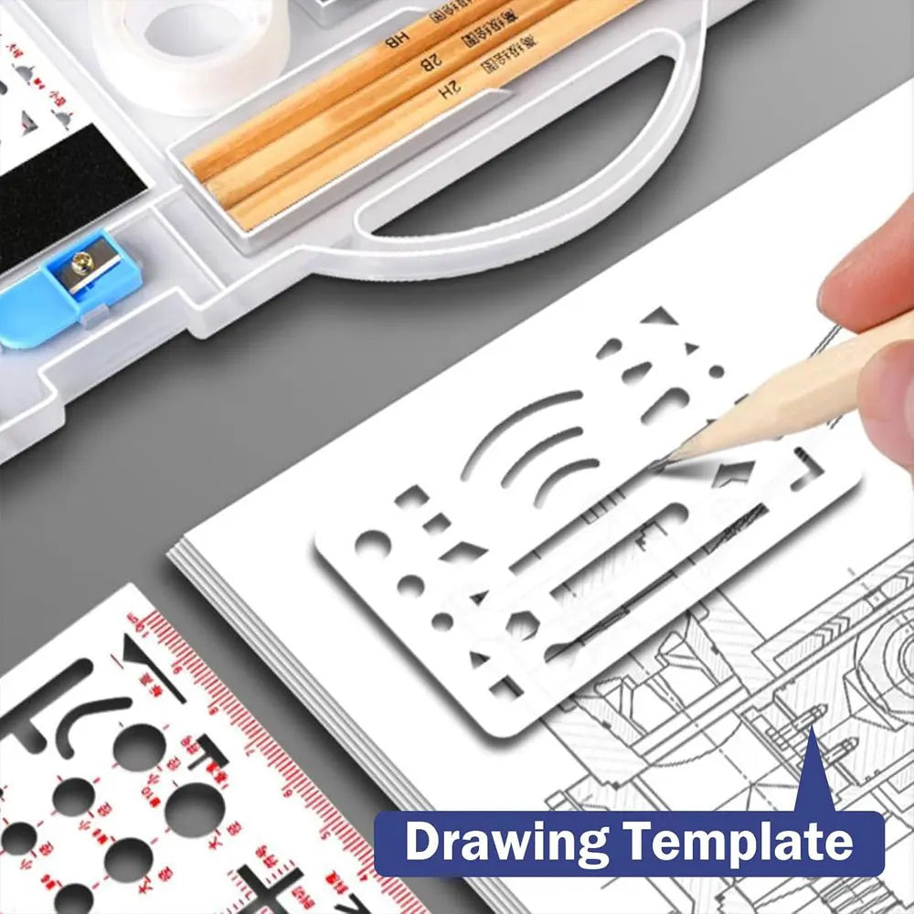 15-Piece Geometry Drawing Set with Portable Case, Dual Metal Compasses, Clear Rulers and Templates for School, Math and Drafting