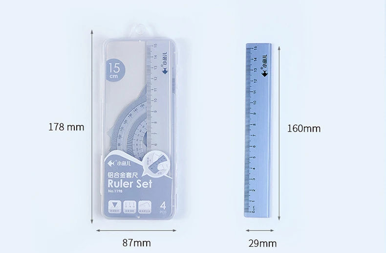 4pcs Aluminum Ruler Set,Drafting Set,With Storage Box Straight Ruler,Protractor,Students Measure Ruler Set Multi-Function Set