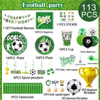 Soccer Party Decorations,113pcs Party Decorations&Tableware Set-Soccer Birthday Banner Balloons Whistle Keychain Plates etc