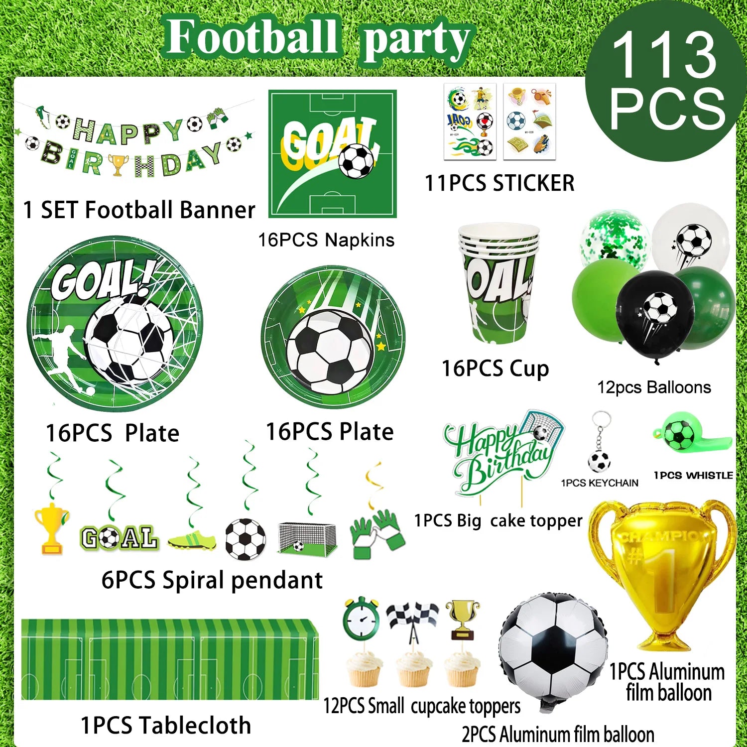 Soccer Party Decorations,113pcs Party Decorations&Tableware Set-Soccer Birthday Banner Balloons Whistle Keychain Plates etc