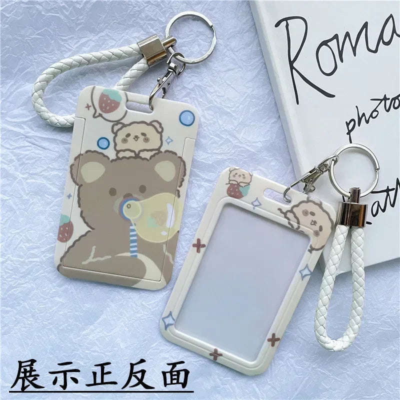 1Pc Solid Color Student Bus ID Card Protective Cover Keyring School Access Door Card Credit Card Holder Bag Set Key Chain
