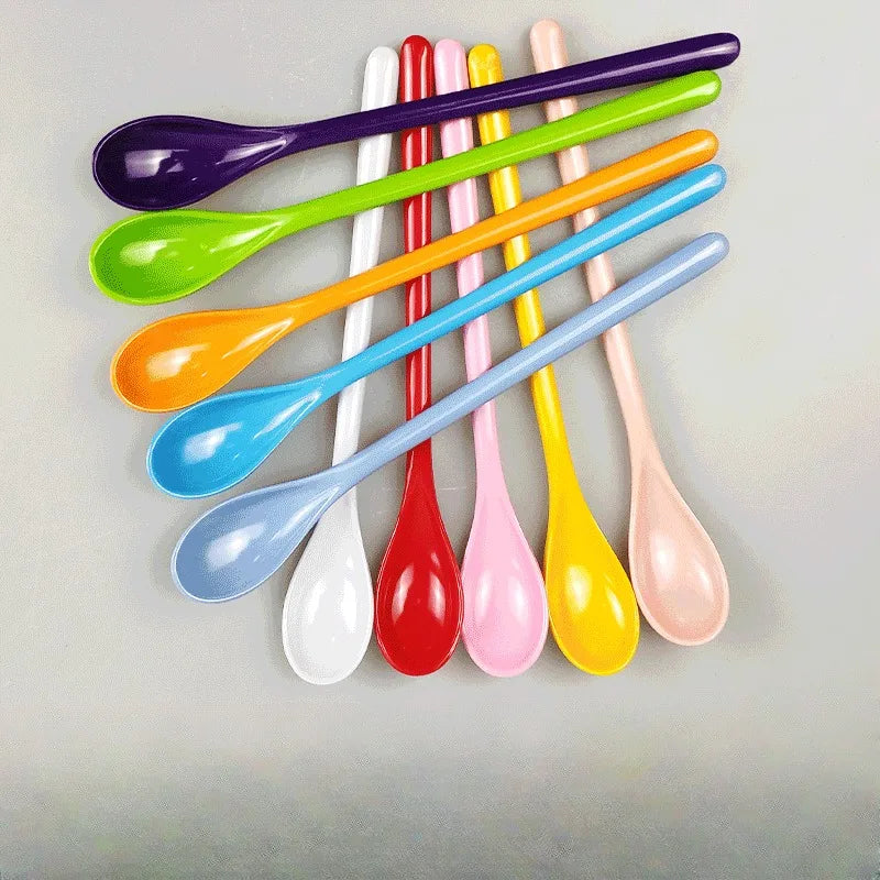 7pcs Candy Color Plastic Long Handle Dessert Spoons Dinner Tea Spoon Tableware Flatware Stirring Coffee Kitchen Scoops Soup