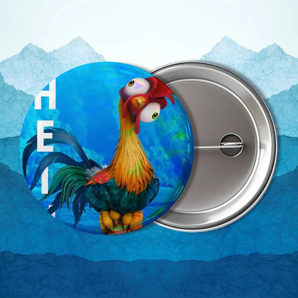 Heihei blakc Moana name Tamatoa Badge on Backpack Clothes decoration Tinplate Round Brooch Funny Custom Gifts for Friend