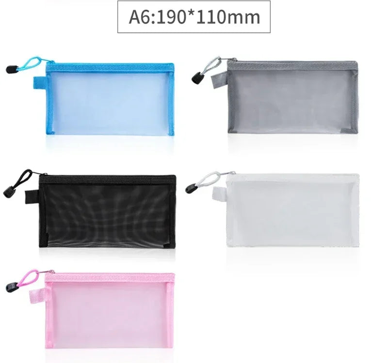 Transparent  A4/A5/A6 Mesh Zipper Pouch Clear Document Bag Book File Folders Stationery Pencil Case Storage Bags Makeup Pouch