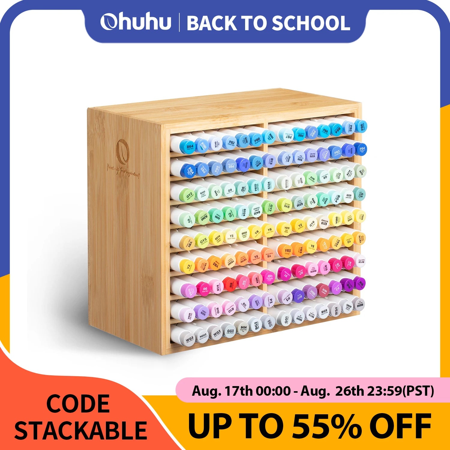Ohuhu Bamboo Marker Organizer Wooden Desktop Storage Hold 126 Markers Pens Pencils Art Brushes Stationary Organizer Pen Holder