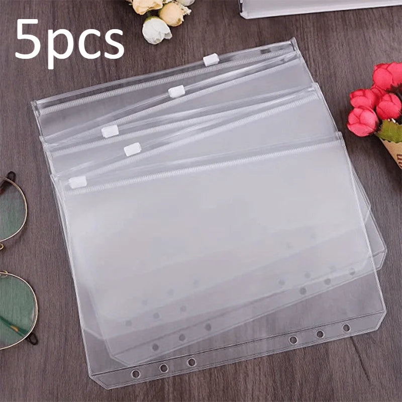 5pcs A5 Binder Zipper Pocket,6 Holes Economy Cash Envelope Transparent Zipper Folder for 6 Rings Economy Binder Notebook