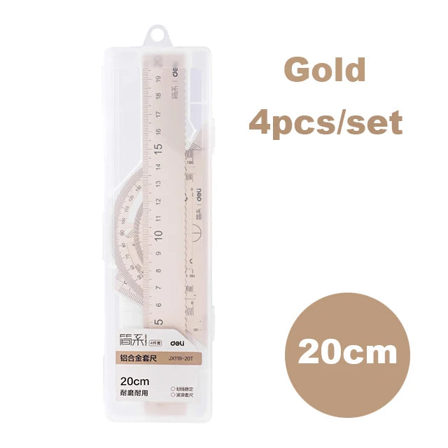 Deli 4Pcs Student Stationery Set Triangle Ruler Straight Ruler Grid Ruler Angle Measuring Tool Aluminum Alloy Material
