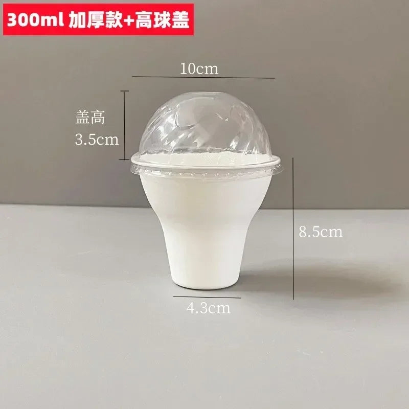 50pcs Disposable Biodegradable Paper Cup 300ml Ice Cream Tiramisu Handheld Cup with Lid White Eco-friendly Dessert Packaging Mug