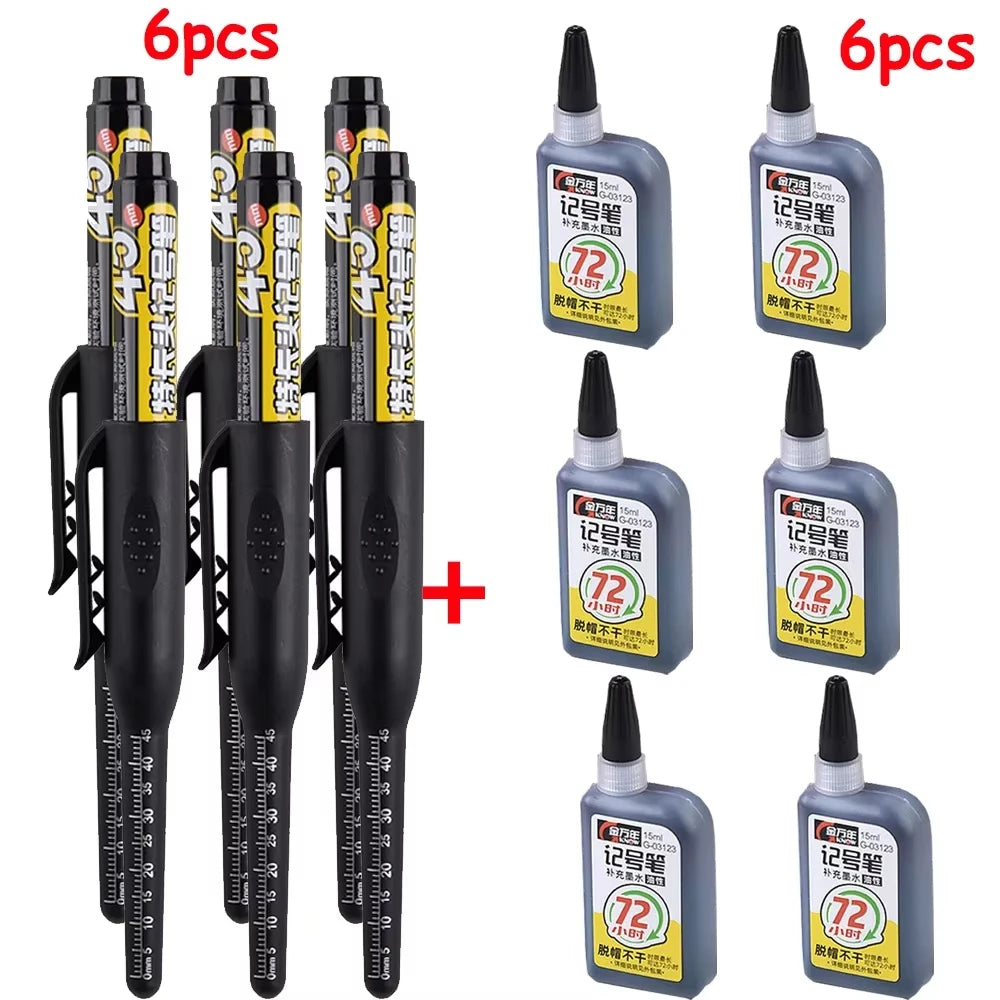 1-6Pcs 45mm Waterproof Long Head Nib Deep Hole Markers Pen Tile Carpenter Pen Multi-purpose for Woodworking Black/Blue/Red Ink