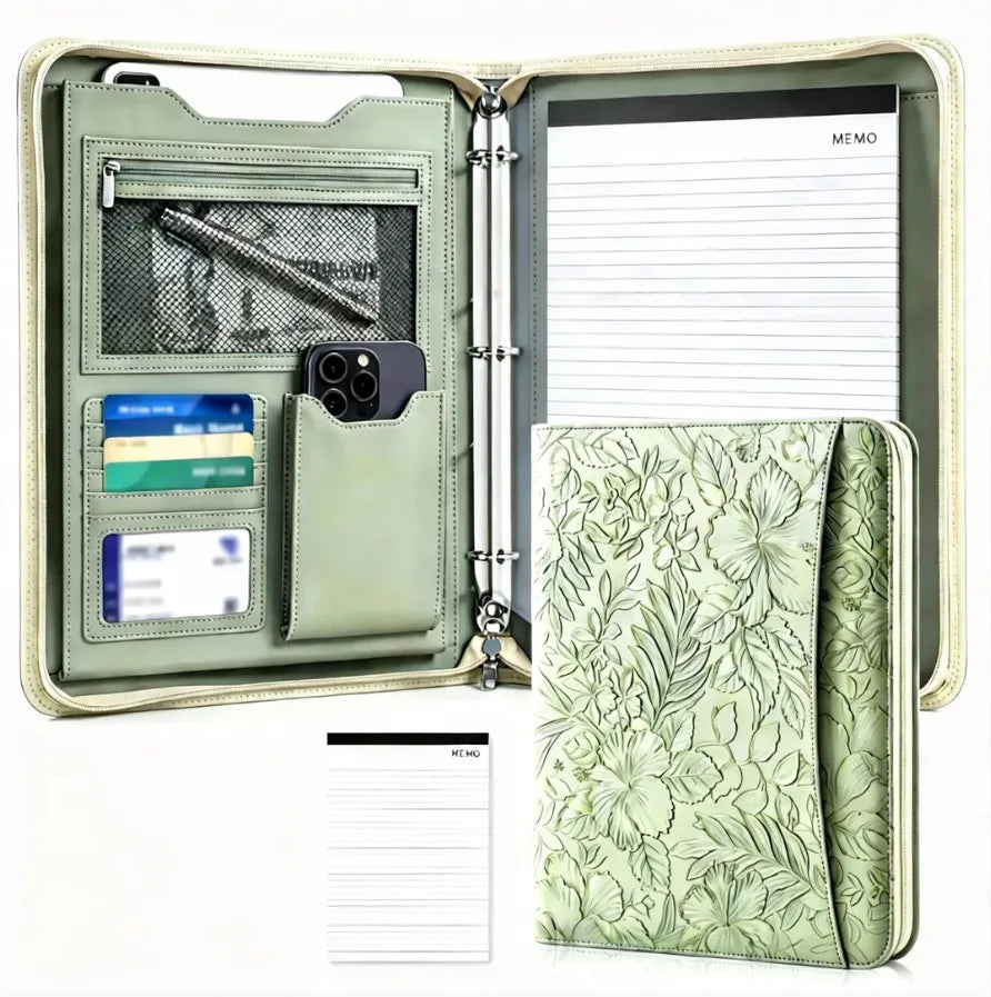 A4 Zippered Portfolio Organizer with 3-Ring Binder, Tablet Sleeve, Card Slots, Phone Pocket and Memo Pad