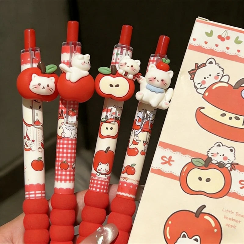 4Pcs Kawaii Apple Cat Gel Pen 0.5mm Black Ink Gel Pens Soft Grip Student Writing Pen Cute Stationery School Office Supplies
