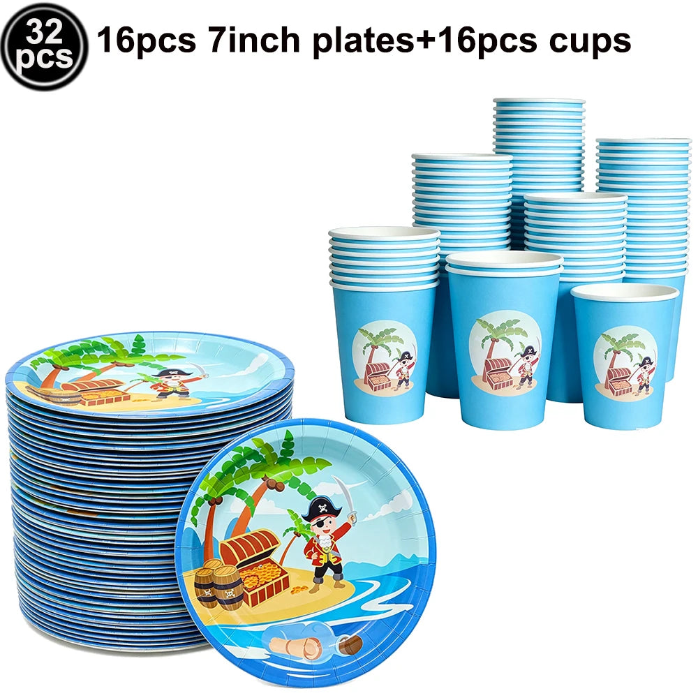 Pirate Party Paper Plate Cup Napkin Party Tableware Pirate Party Decor Pirate Ship Bone Dinnerware Supplies for Adult Kids Decor