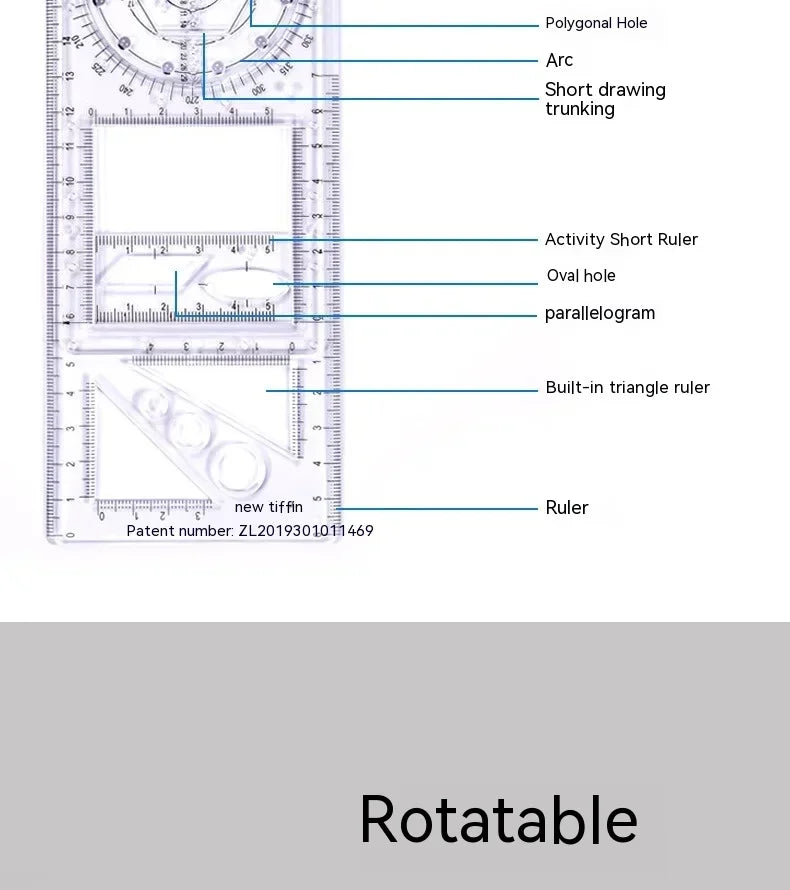 Multifunctional Geometric Function Ruler Set Mathematics Drawing Template Measuring Tool for Art Student School Office Supplies