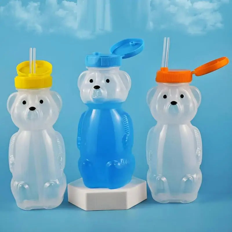 Cute Bear Shaped Bottle Plastic Drink Container Cartoon Honey Bear Straw Cup with Flexible Straws for Milk Juice Honey Storage