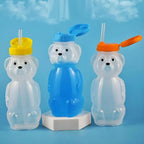 Cute Bear Shaped Bottle Plastic Drink Container Cartoon Honey Bear Straw Cup with Flexible Straws for Milk Juice Honey Storage