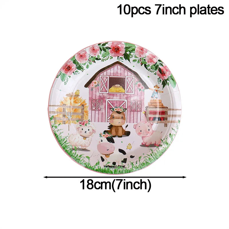 Pink Farm Animals Birthday Decor Disposable Tableware Set Paper Banner Floral Plates Baby Shower Girl Birthday Party Decorations