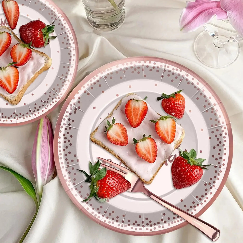 New Rose Gold Birthday Party Paper Tableware Disposable Set,Come with Dining Plate,Napkin Cup and Straw Party Supplies Tableware