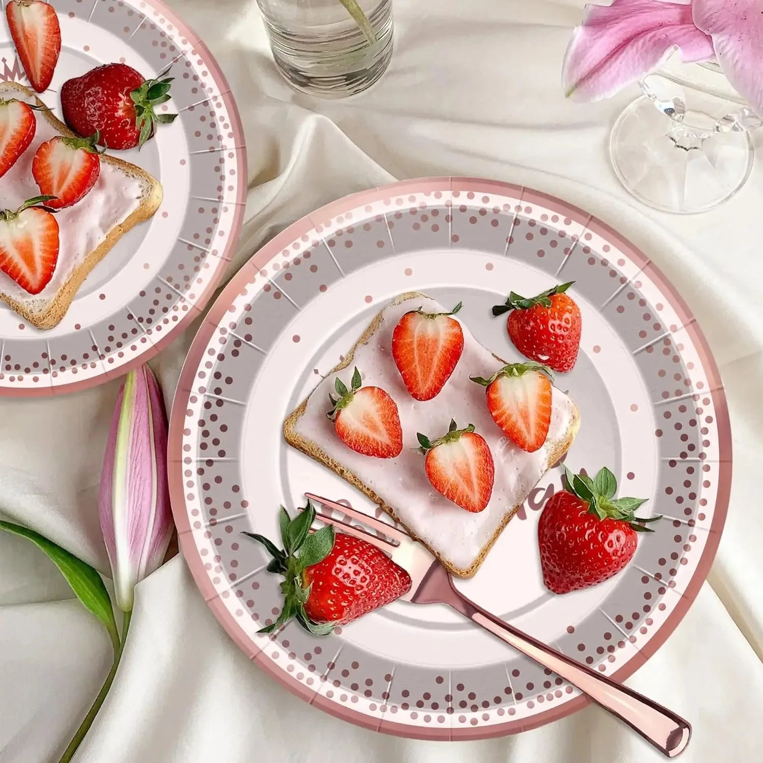 New Rose Gold Birthday Party Paper Tableware Disposable Set,Come with Dining Plate,Napkin Cup and Straw Party Supplies Tableware