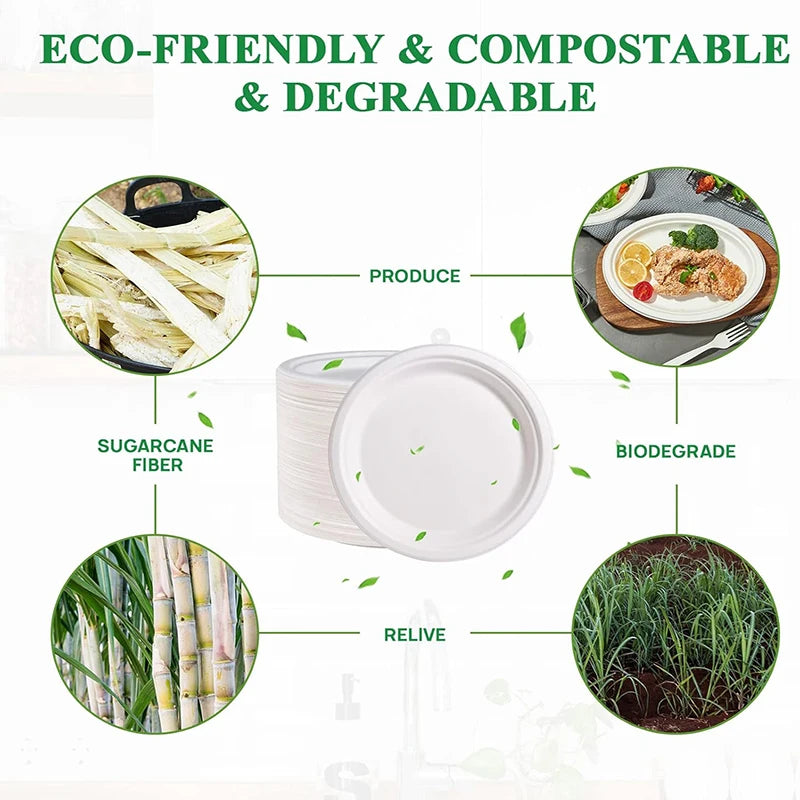 50 Pack Premium  Compostable Plates, Sugarcane Fiber Material Heavy Duty Disposable Tableware for Home Outdoor Use Eco Conscious