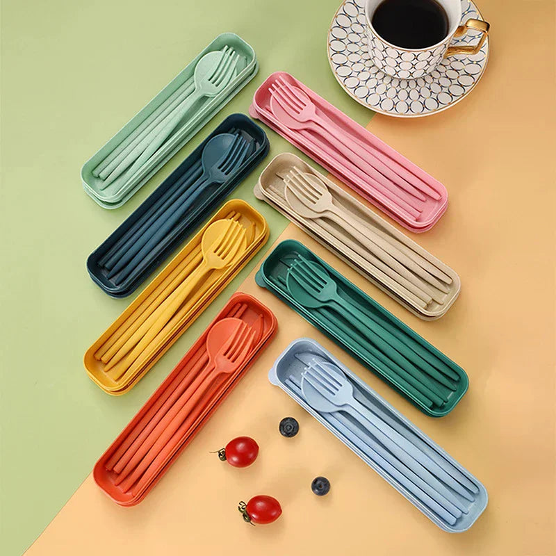 Eco-Friendly Wheat Straw Cutlery Reusable Chopstick Fork Knife Spoon Tableware Set 4Pcs/Set Portable Utensils With Box Healthy