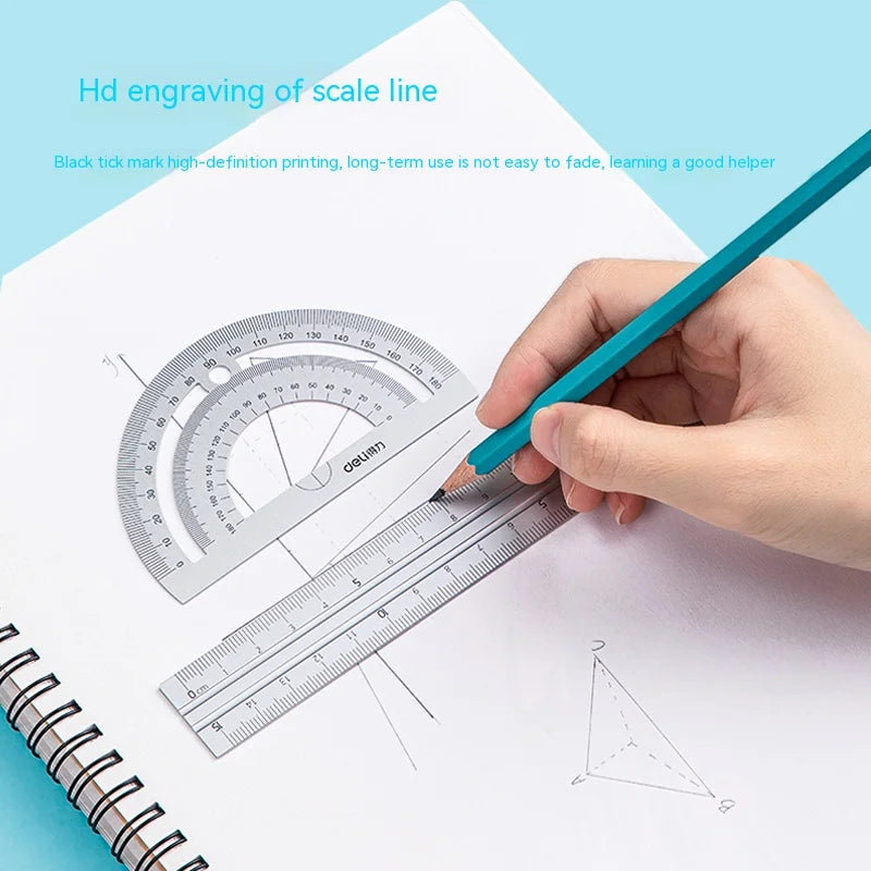 Deli 4Pcs Student Stationery Set Triangle Ruler Straight Ruler Grid Ruler Angle Measuring Tool Aluminum Alloy Material