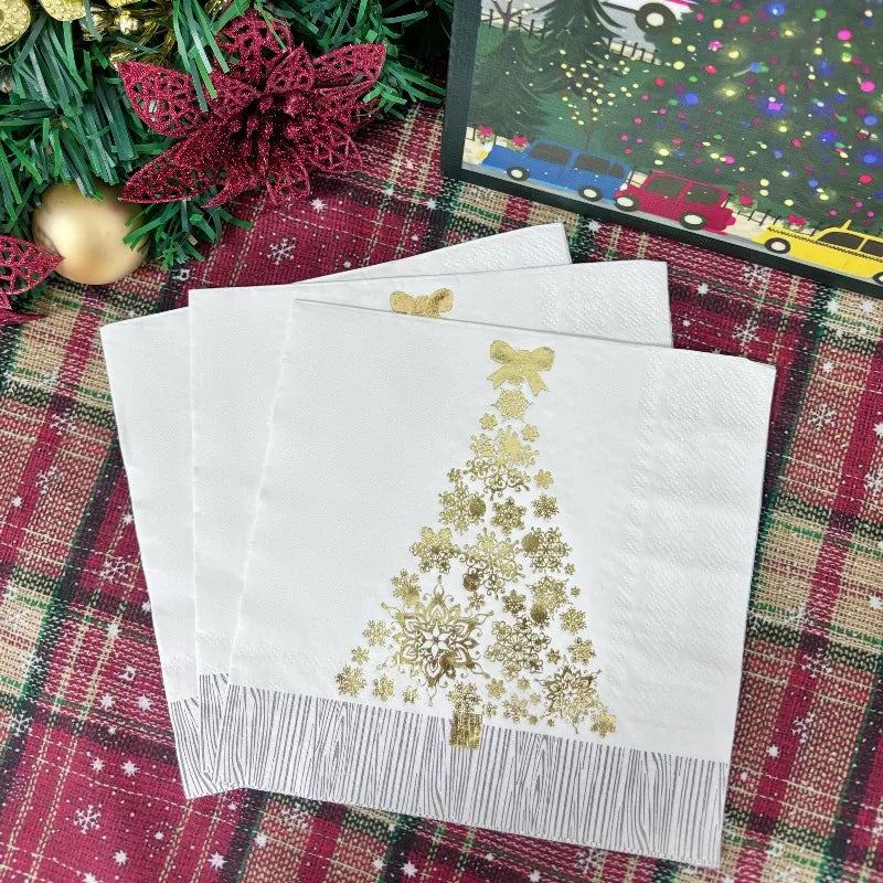 16pcs 33 * 33cm 2Layer Hot Selling Hot Stamped White Christmas Tree Napkins Christmas Disposable Table Mat DIY Decoupage Paper
