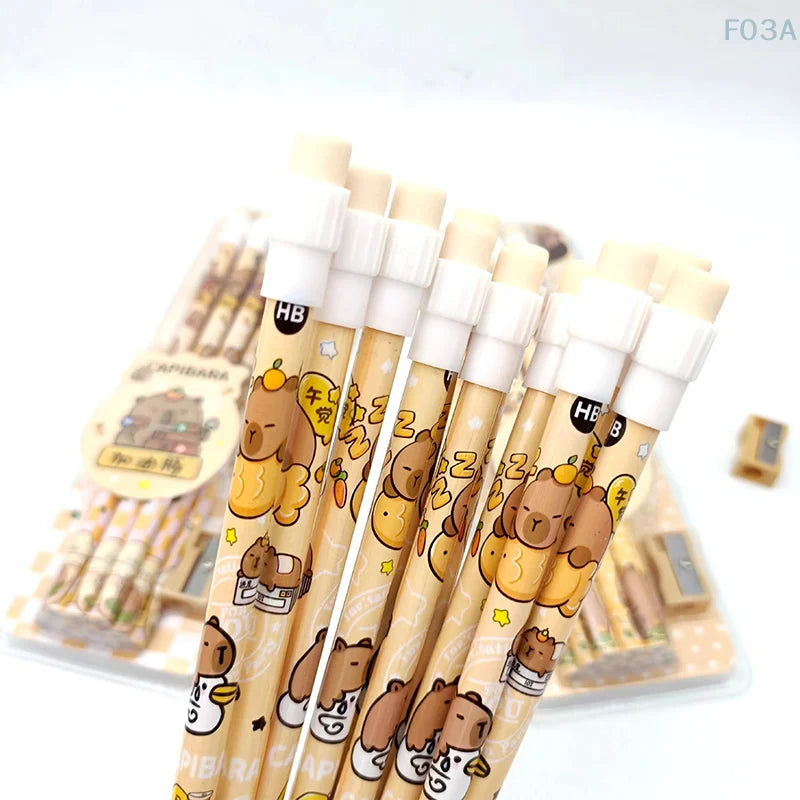 12pcs Cute Cartoon Capybara HB Pencils Stationery Set With Pencil Sharpener School Students Stationery Gift