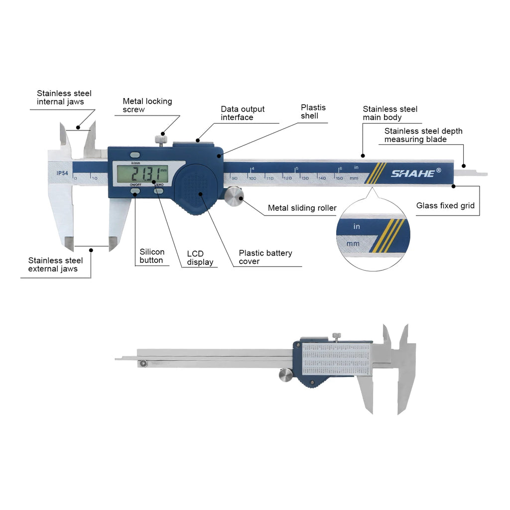 SHAHE Electronic Digital Vernier Caliper 6” Digital Caliper,Stainless Steel Caliper Measuring Tool with Large LCD Screen