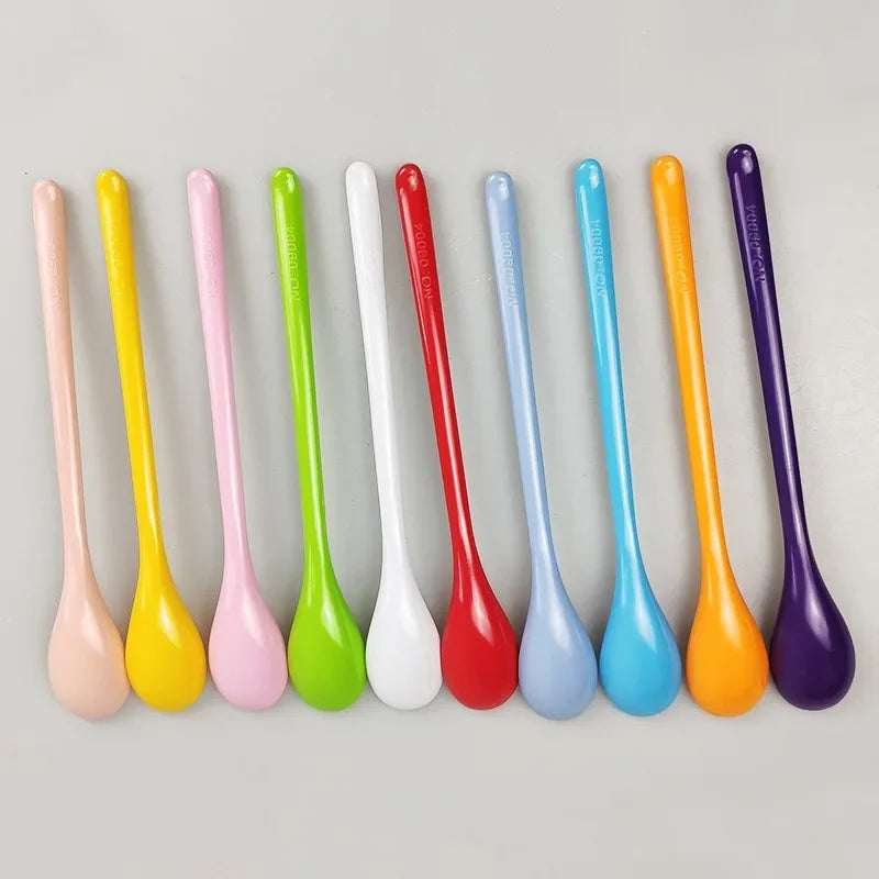 7pcs Candy Color Plastic Long Handle Dessert Spoons Dinner Tea Spoon Tableware Flatware Stirring Coffee Kitchen Scoops Soup
