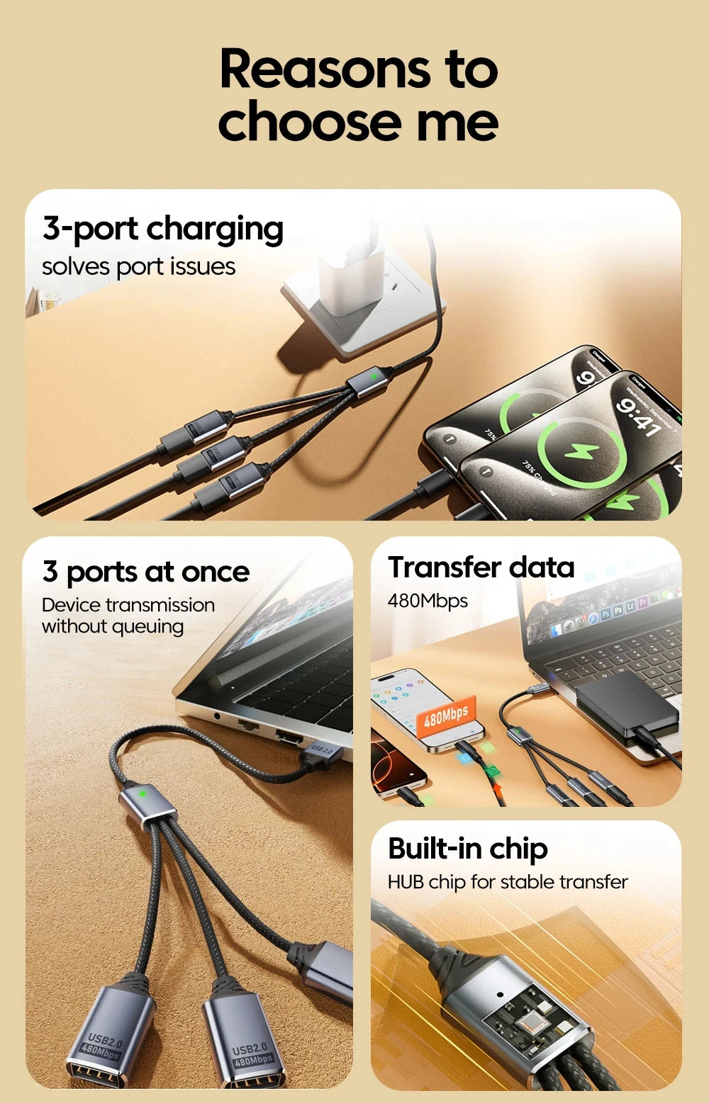 NNBILI 3 in 1 USB A/Type C Splitter HUB Expansion Cable Multi Port Expander Phone Charger  Adapter OTG Charging For Phone Table