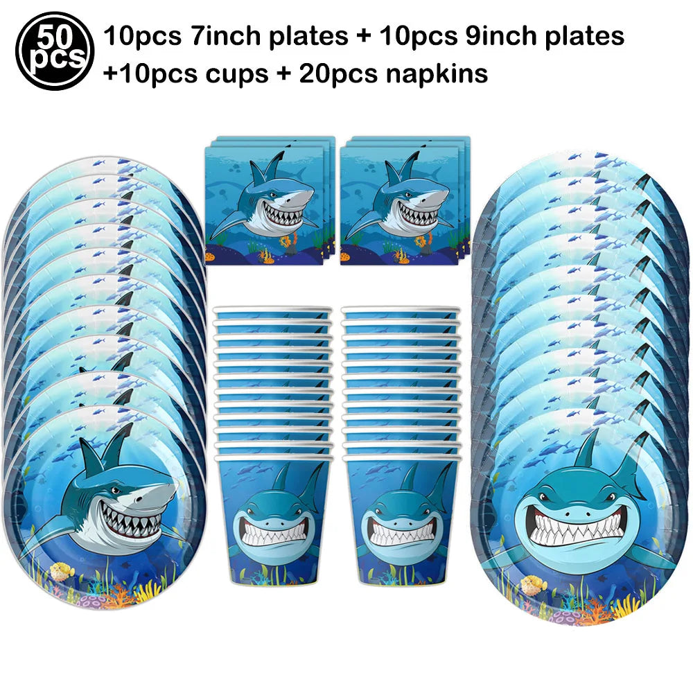 Ocean Shark Theme Disposable Tableware Cute Cartoon Marine Animal Plastic Tablecloth Kids Birthday Party Baby Shower Decor