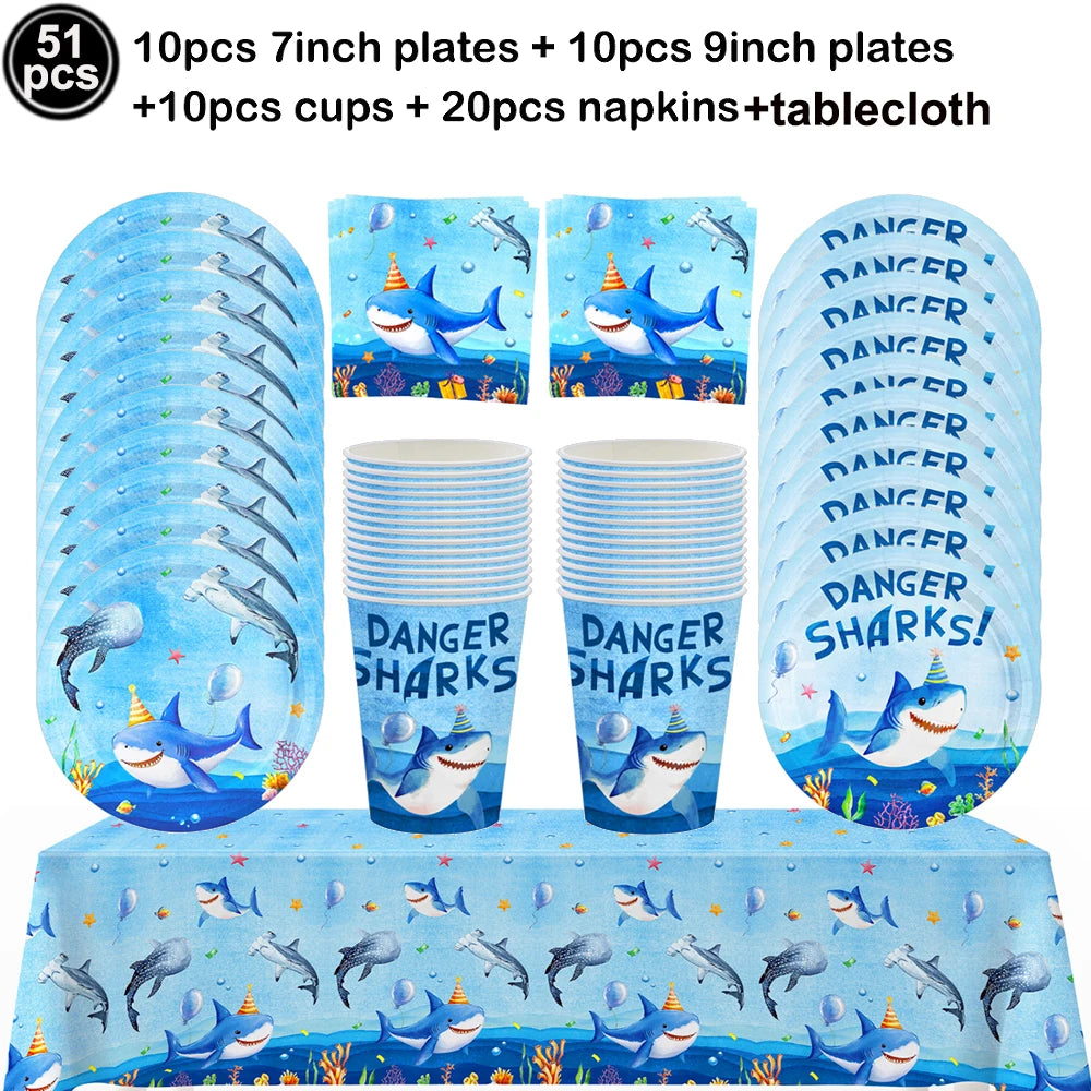 Ocean Shark Theme Disposable Tableware Cute Cartoon Marine Animal Plastic Tablecloth Kids Birthday Party Baby Shower Decor
