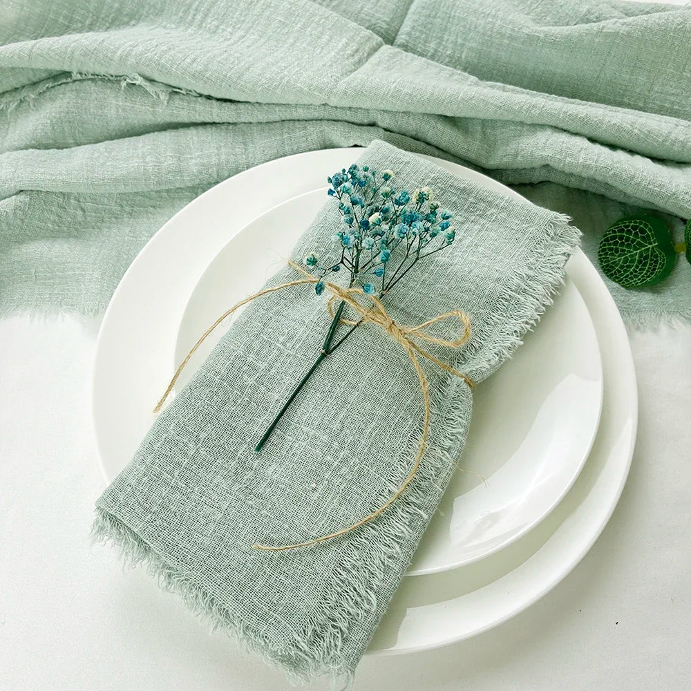 10pcs 32x32cm Gauze Cotton Wedding Napkins Reusable Green Trim Tea Towel Rustic Retro Burrs Napkins for Party Table Decoration