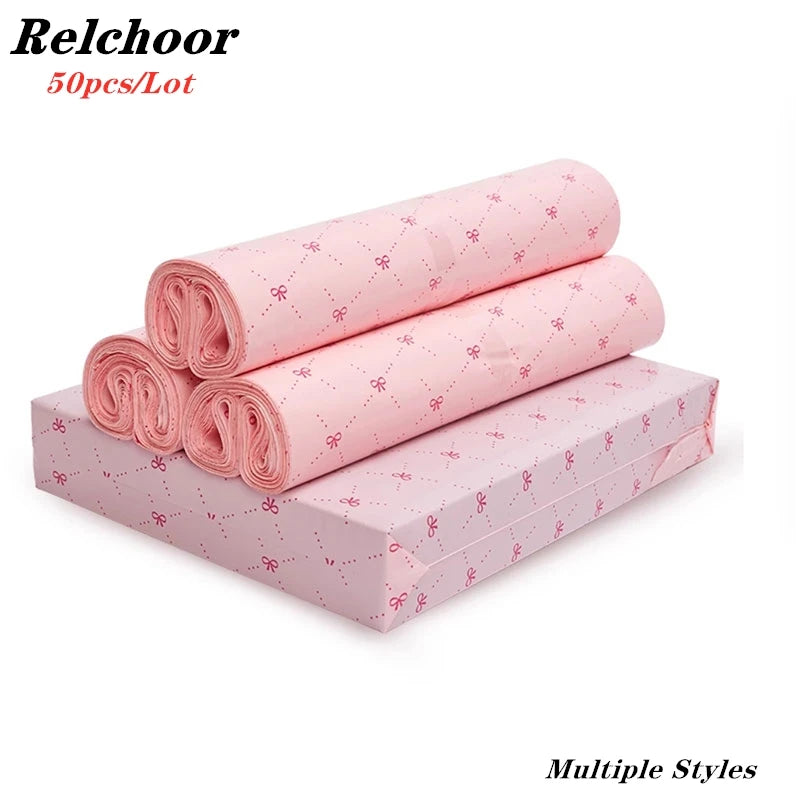 50Pcs New Pink Courier Bags Bow Heart Pattern Poly Frosted Self-Seal Shoe Bag PE Delivery Envelope Mailer Mailing Bags Organizer
